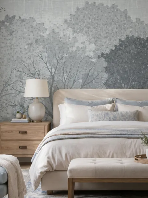 Light gray wallpaper mural with misty forest trees, falling leaves and birds