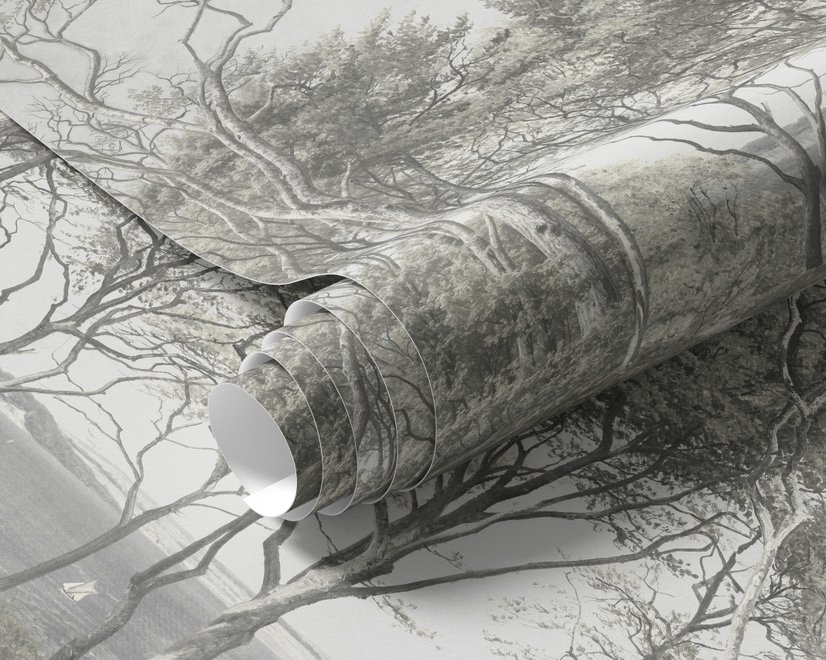 Coastal woodland wallpaper mural with grey trees, sandy path, sea horizon and small white sailboats