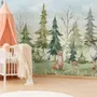 Kids Watercolor Pine Tree Forest with Animals Wallpaper Mural