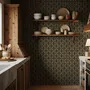 Black wallpaper with gold vertical chain link Art Deco repeat on a textured charcoal ground