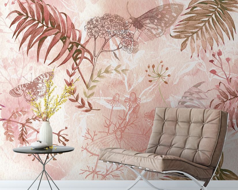 Pink Leaf and Blossom Wallpaper Mural