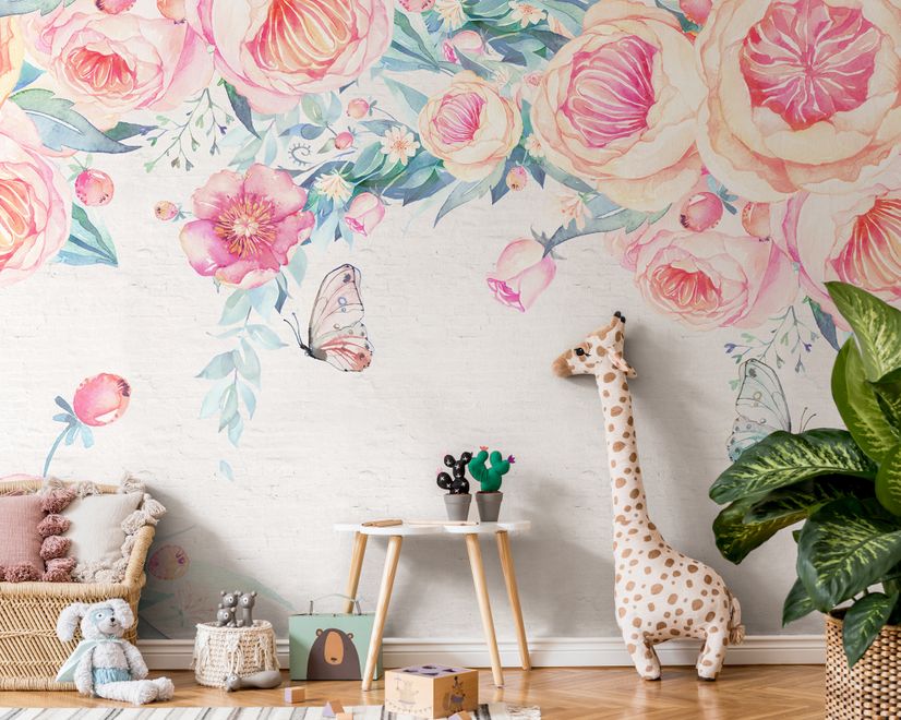 Vintage Watercolor Pink Flowers Wallpaper Mural