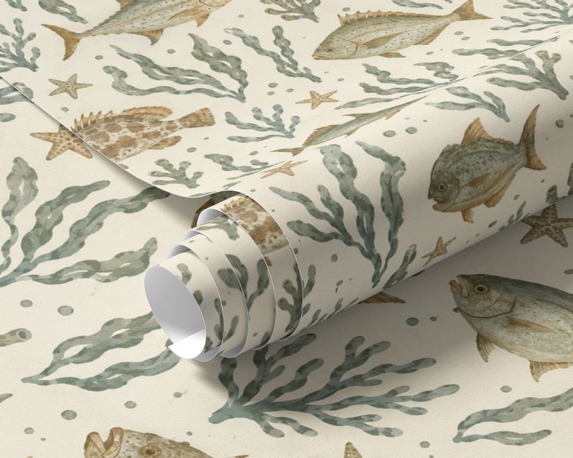 Watercolour fish wallpaper with sage seaweed, coral and starfish on a warm cream background