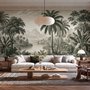 Sepia tropical landscape wallpaper with palms, banana plants, lagoon, bridge and mountains