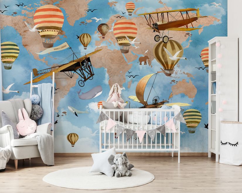 3D Look Kids World Map with Hot Air Balloon Wallpaper Mural