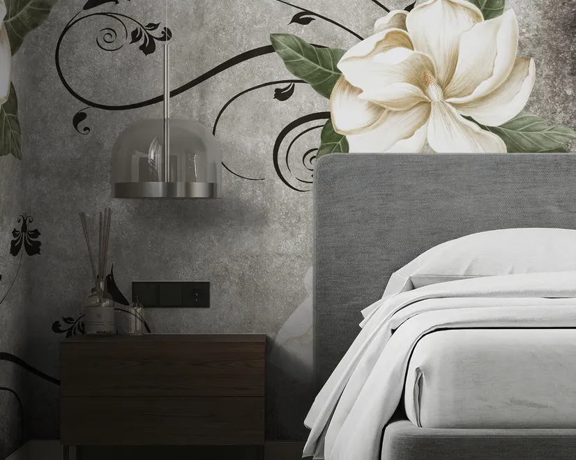 Papier peint art fleurs vintage crème