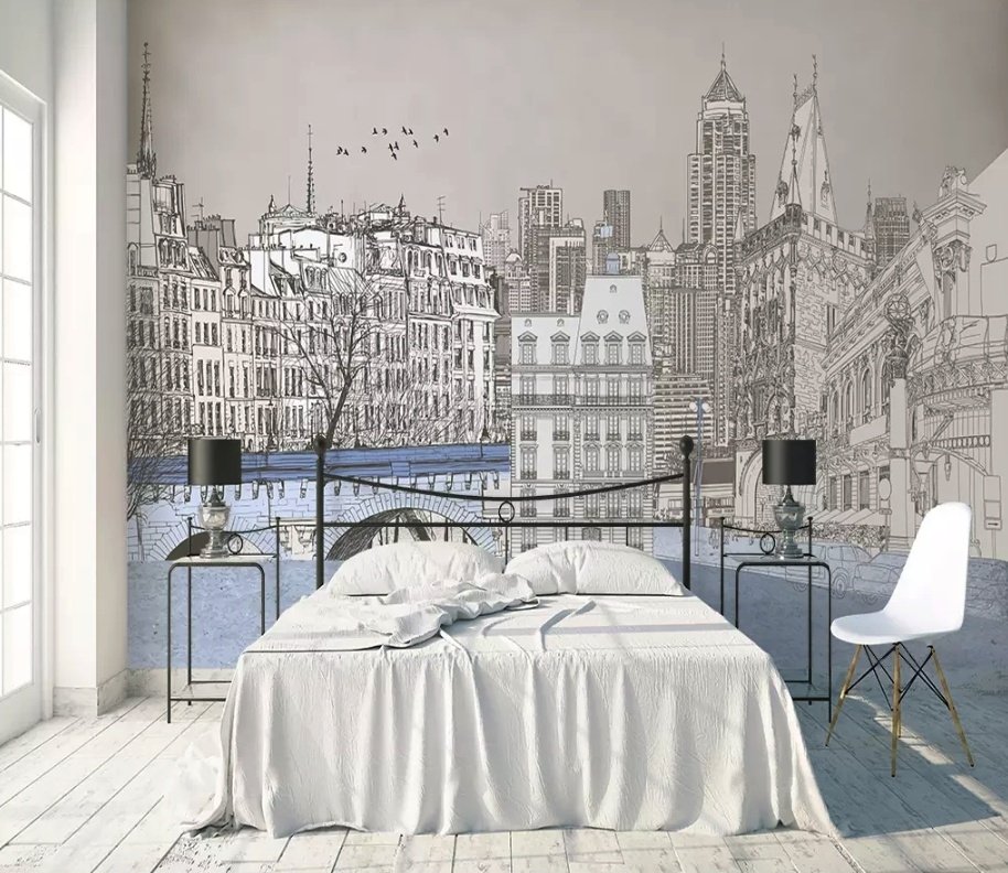 London Charcoal Drawing City Wallpaper Mural - Peel and Stick