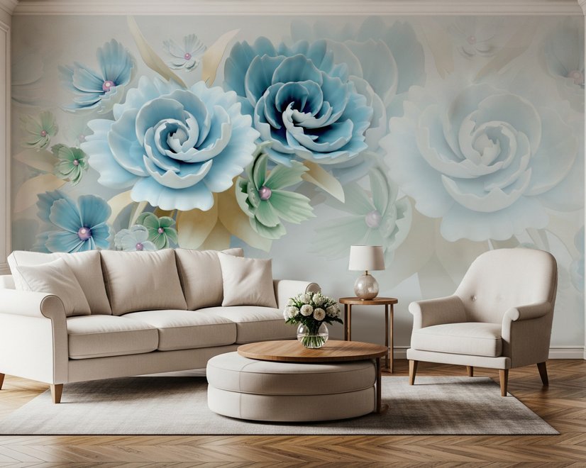 Europäischer Stil 3D Blau-Grün Floral Fototapete