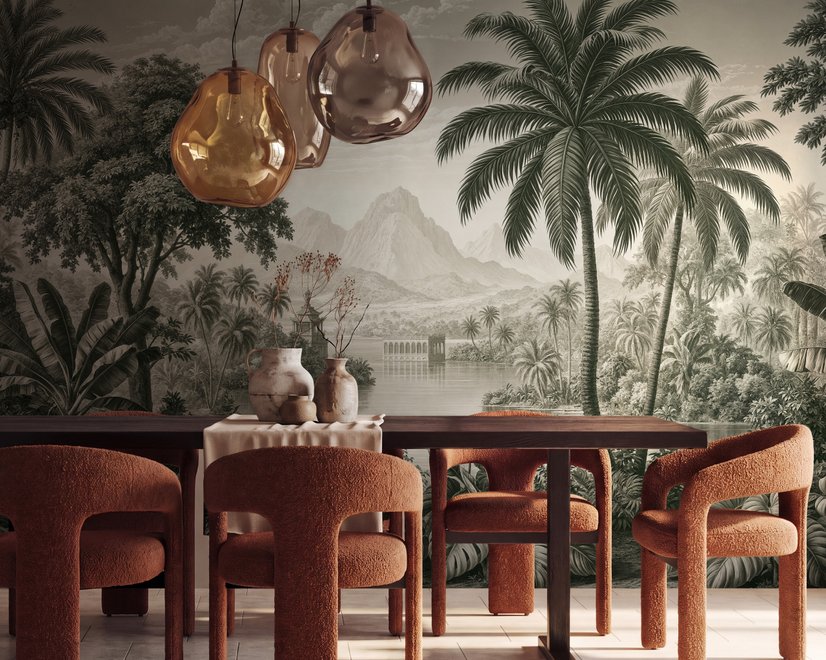 Sepia tropical landscape wallpaper with palms, banana plants, lagoon, bridge and mountains
