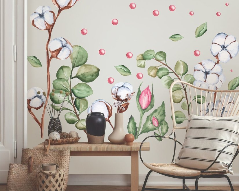 Stickers muraux en coton blanc avec feuilles vertes et boutons de rose roses