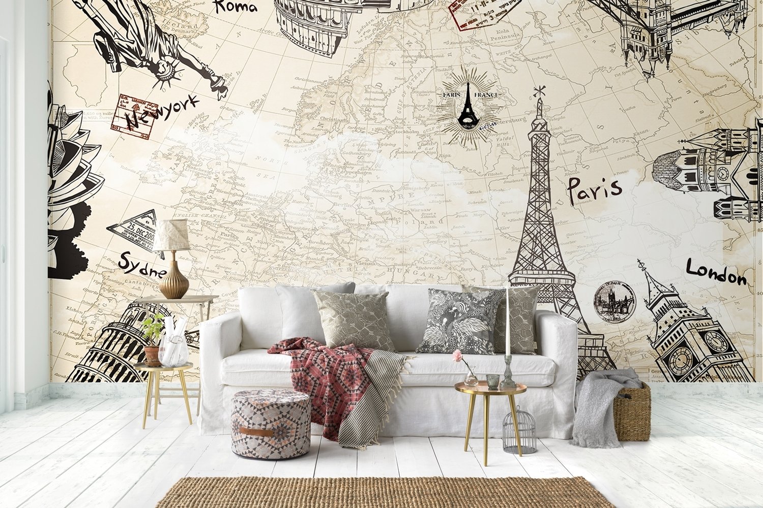 Vintage Map with Eiffel Tower Statue of Liberty Wallpaper Mural - Peel and Stick