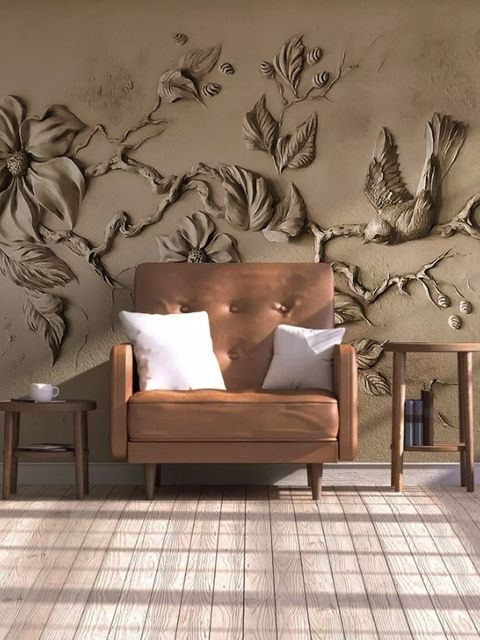 3D Embossed Look Cement Floral Tree Wallpaper Mural