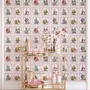 Bar wallpaper with cream tile grid, dusty rose arches, illustrated wine bottles, fruit and café still lifes