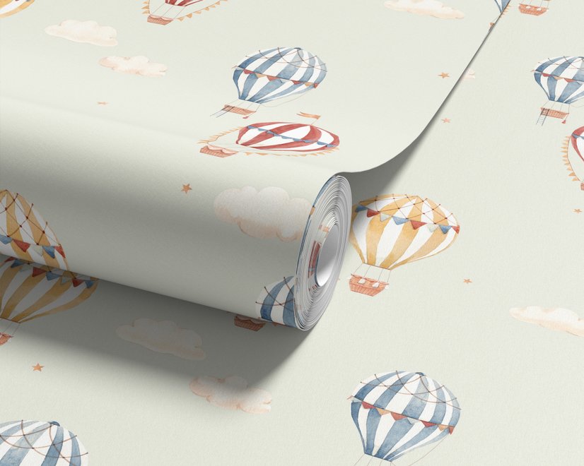 Watercolor blue wallpaper with hot air balloons, cream clouds and peach stars on pale sage green