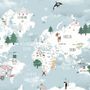 Kids Blue World Map with Cute Animals with Flying Elephant Wallpaper Mural