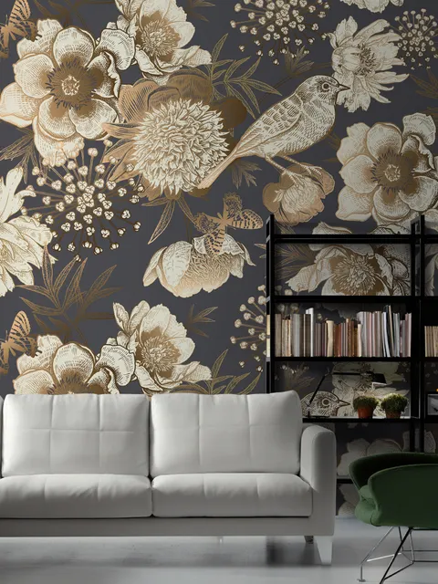 Papier peint fleurs pivoine oiseau