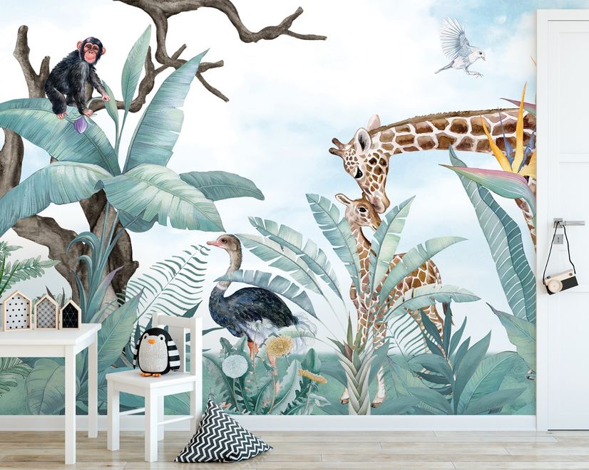 Animaux safari avec des feuilles tropicales fraîches papier peint panoramique