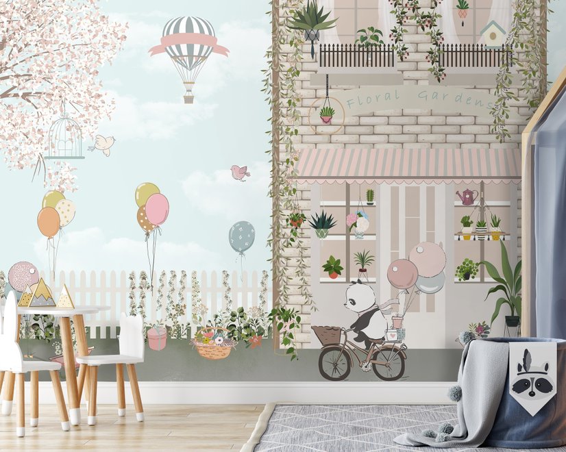 Papier peint panda avec ballons devant maison jardin floral pour enfants