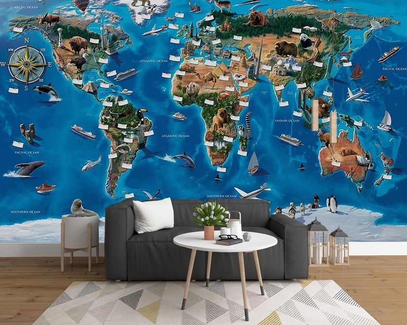 3D Look Kids World Map with Compass Wallpaper Mural