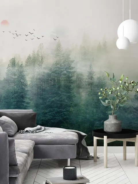 Papier peint forêt brumeuse et lever de soleil
