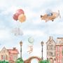 Watercolor Cute Houses with Flying Animals Wallpaper Mural for Kids