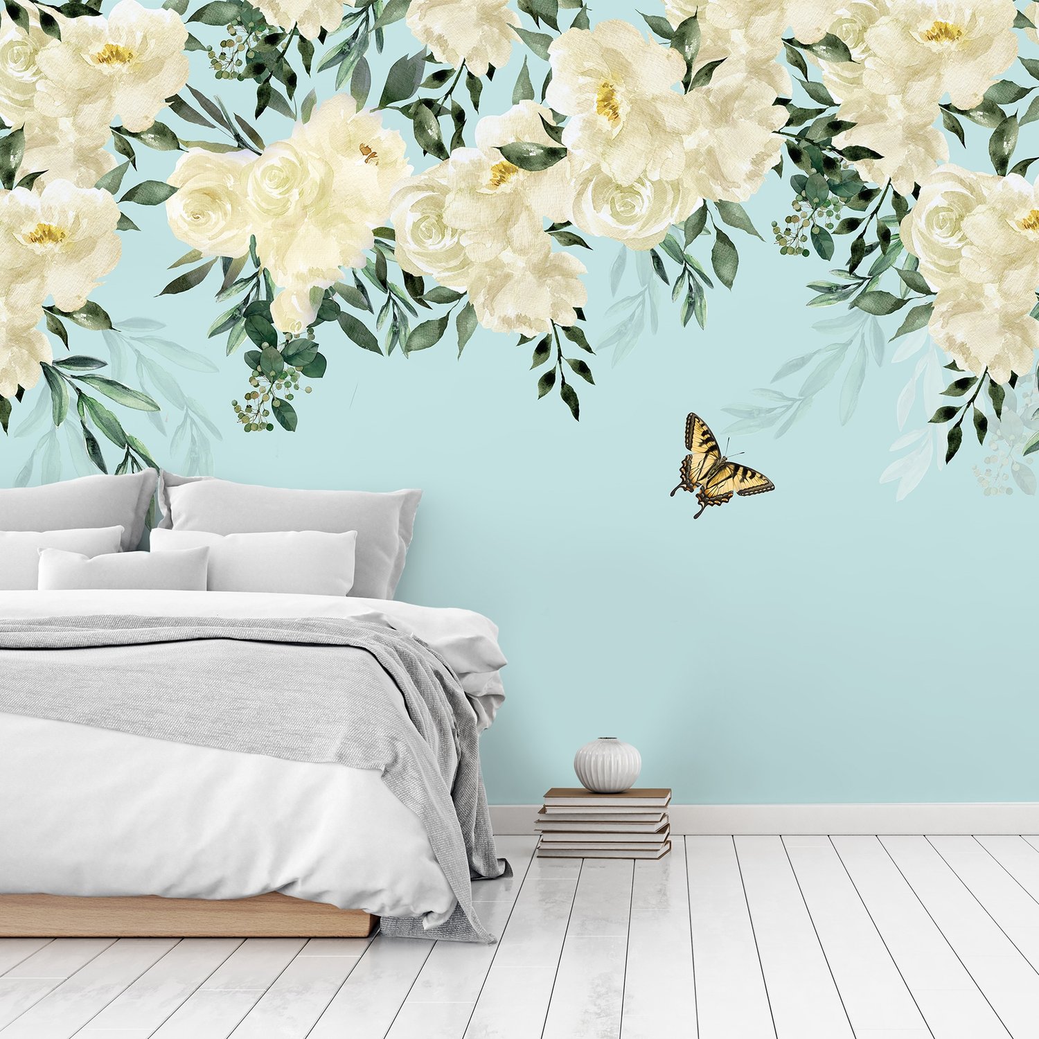 White Flowers and Yellow Butterfly Wallpaper Mural - Peel and Stick