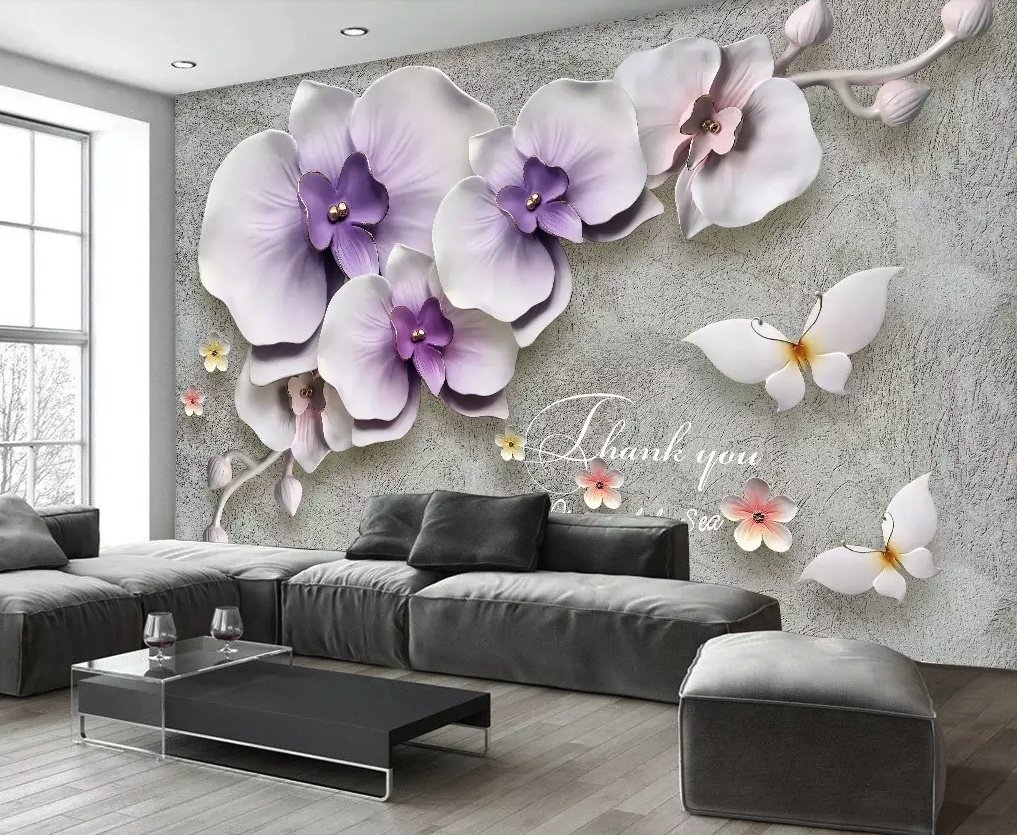 3D Embossed Look Purple Orchids Wallpaper Mural - Peel and Stick