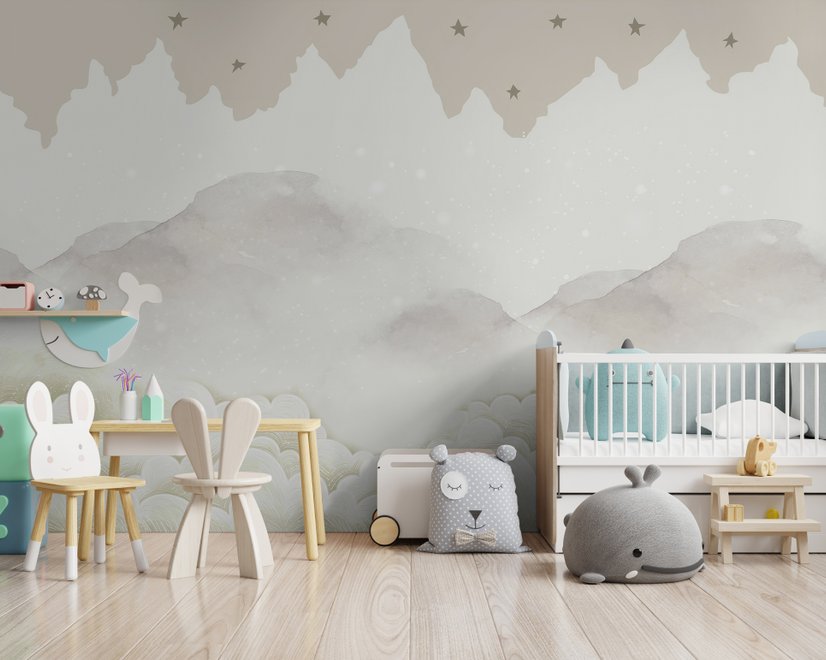 Papier peint panoramique des enfants avec montagne et nuages