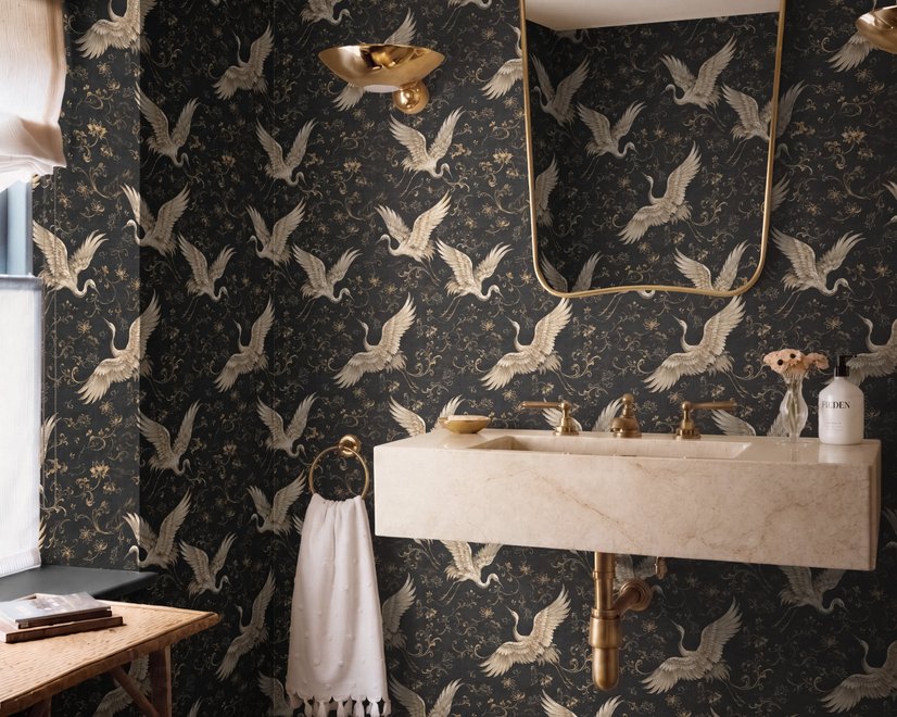 Ivory cranes and antique gold lotus flowers on charcoal-black Japanese lotus wallpaper