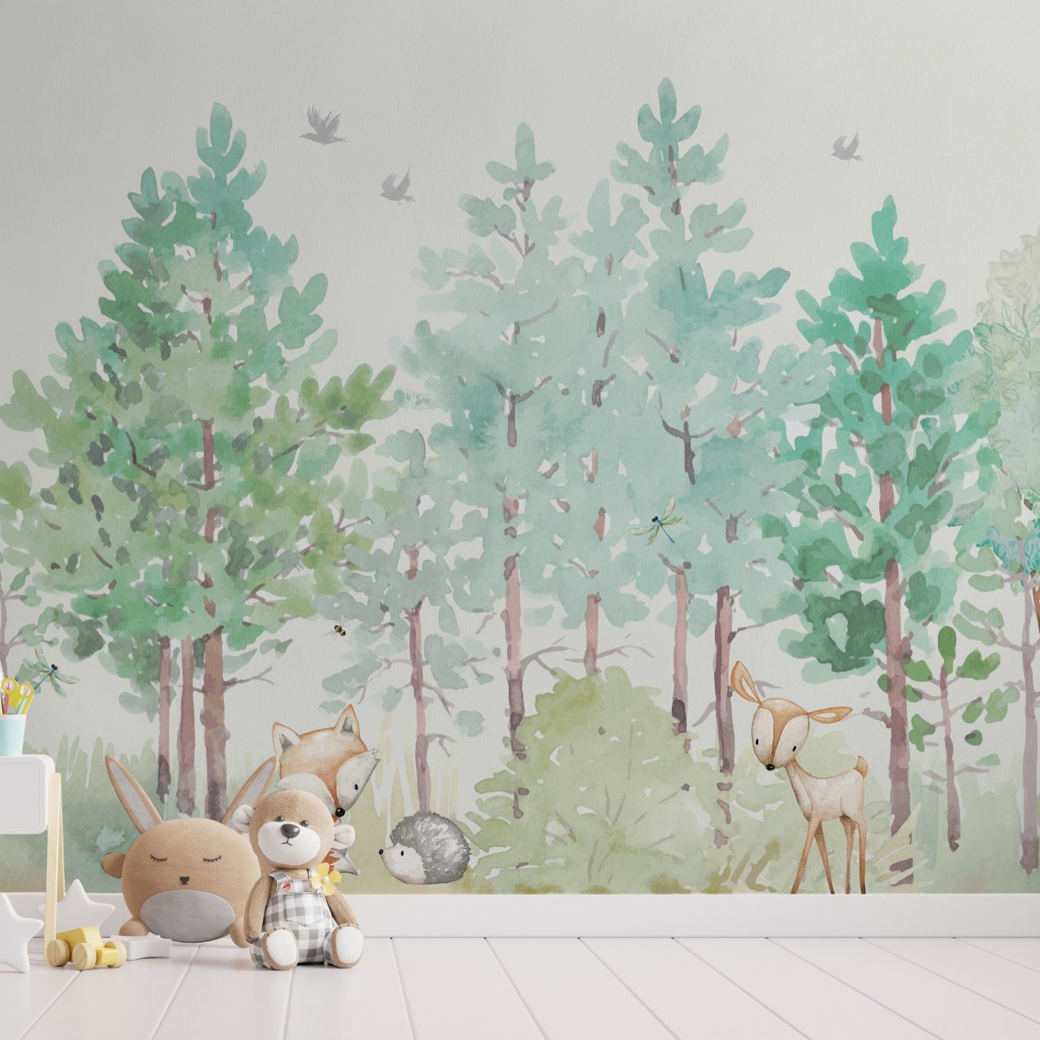 Watercolor Green Forest and Cute Fox,Hedhehog and Elk Wallpaper Mural - Peel and Stick