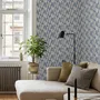 Cream colored wallpaper with denim blue geometric totem stripe repeat on a linen texture ground