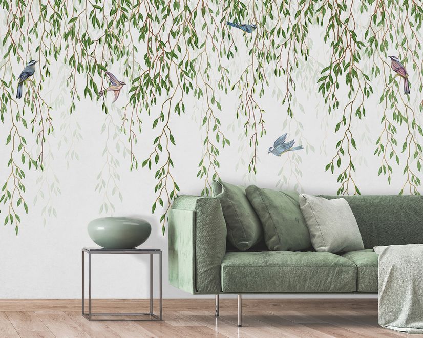 Green Hanging Leaves with Colorful Birds Wallpaper Mural