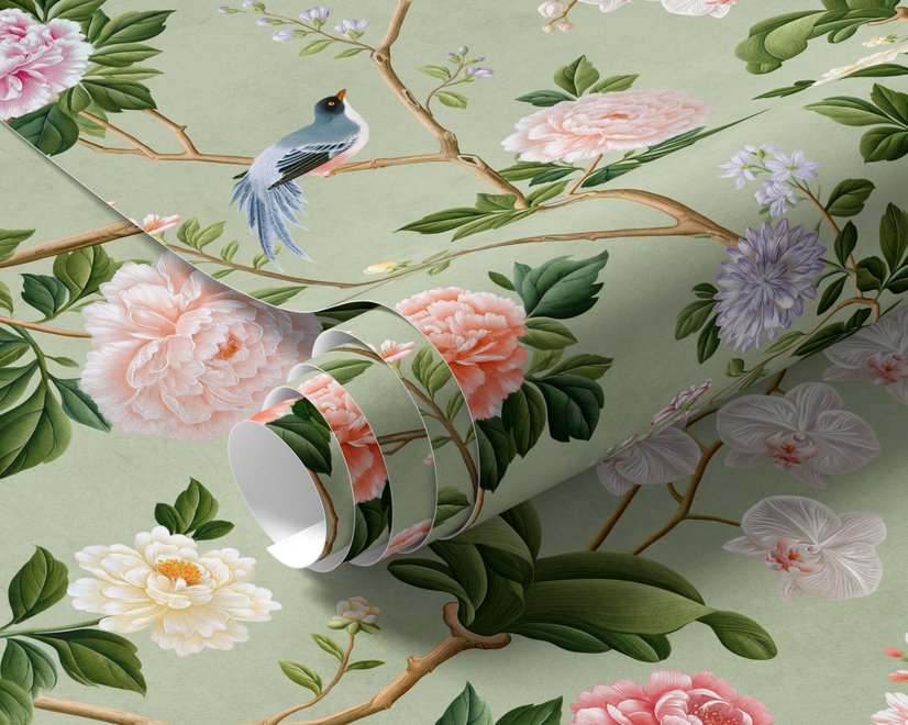 Celadon-sage chinoiserie wallpaper with blue-grey birds, tan branches, pink peonies and white orchids