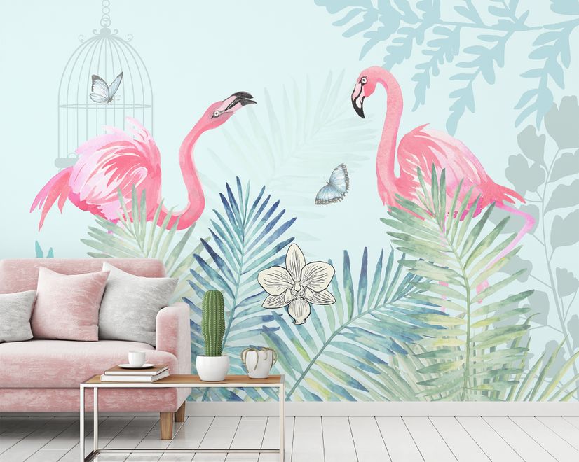 Vintage Pink Flamingo with Tropical Leaves Wallpaper Mural