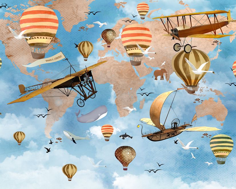 3D-Look Kinderweltkarte mit Heißluftballon Fototapete