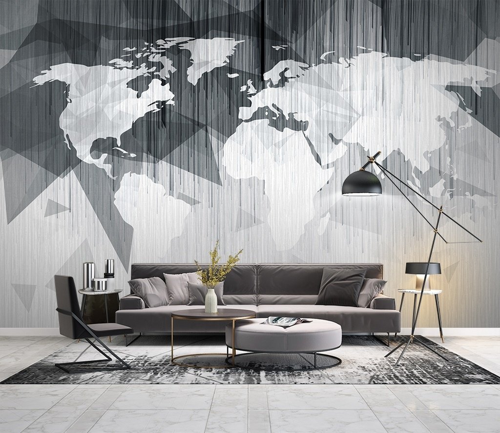 Monochrome Polygonal World Map with Abstract Lines Wallpaper Mural - Peel and Stick
