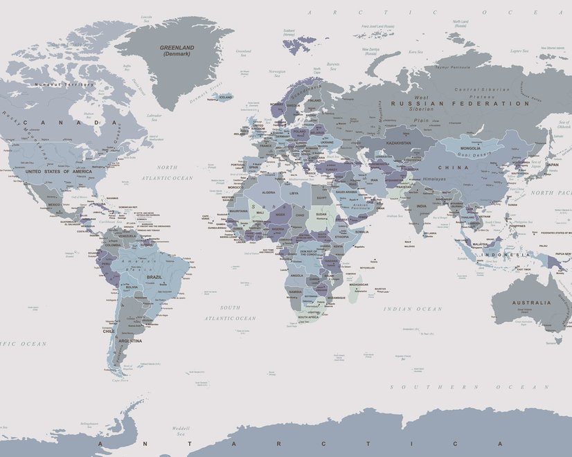 Papier peint panoramique de la carte du monde en blanc et violet