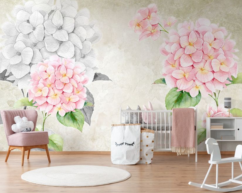 Papier peint panoramique art floral d'hortensia