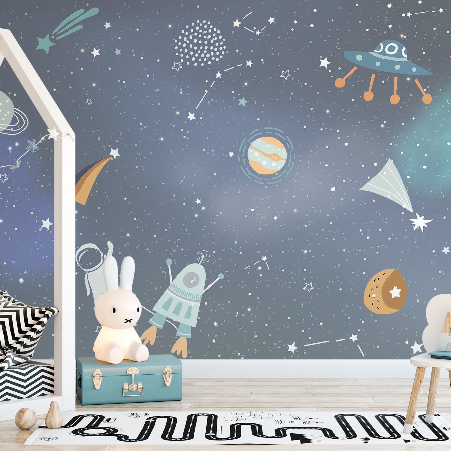 Kids Cartoon Space with Colorful Planets and Little Stars Wallpaper Mural - Peel and Stick