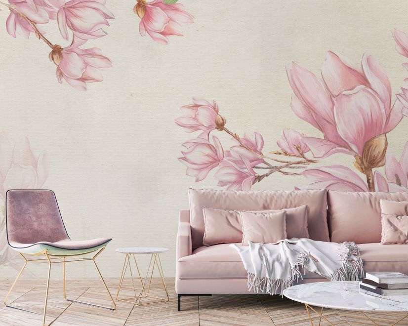 Watercolor Pink Magnolia Blossom Wallpaper Mural