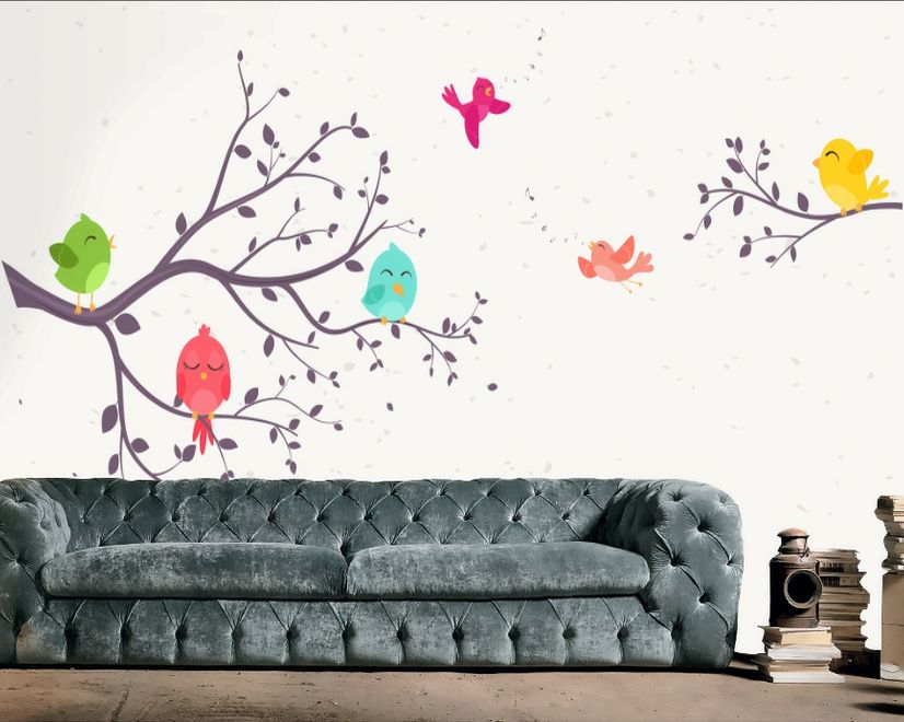 Kinder Cartoon Baum mit Bunten Singvögeln Fototapete