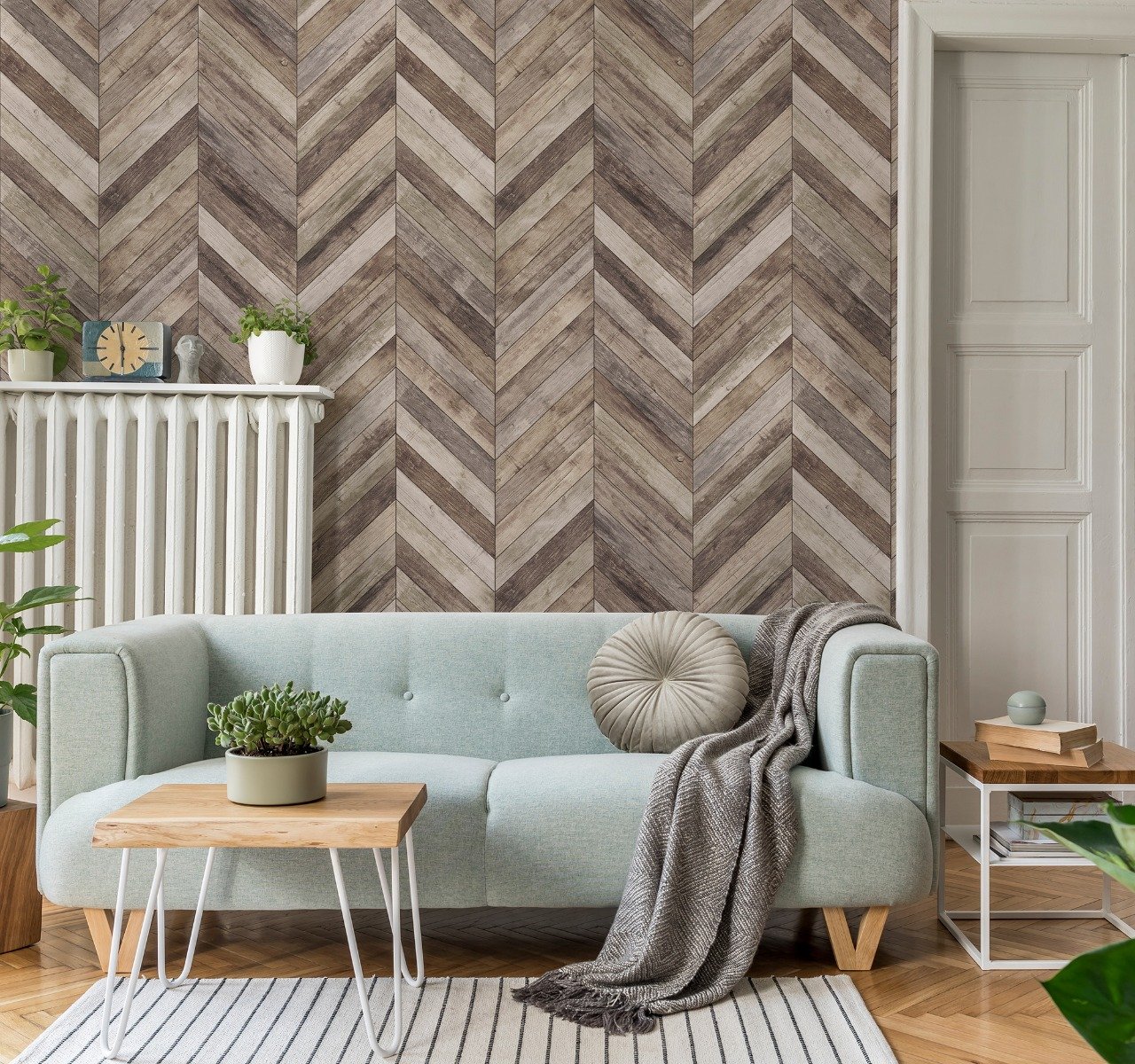 Natural Wood Texture Effect Chevron Wallpaper Mural - Peel and Stick