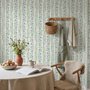 Blue floral stripe wallpaper with pale sky-blue bell flowers, green vines and sage bands on white