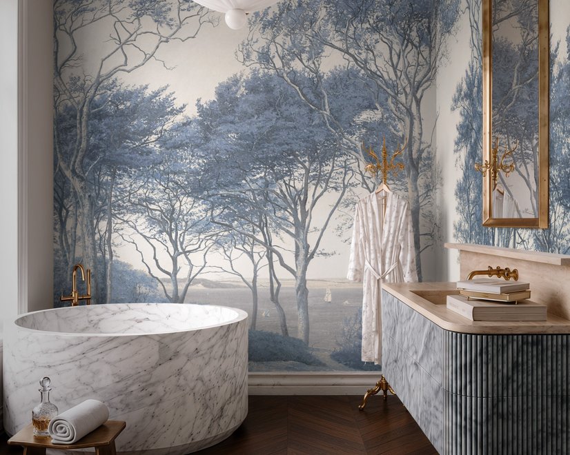 Blue forest background wallpaper mural with coastal trees, sea water and small white sailboats