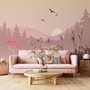 Papier peint paysage rose au lever du soleil avec des flamants roses