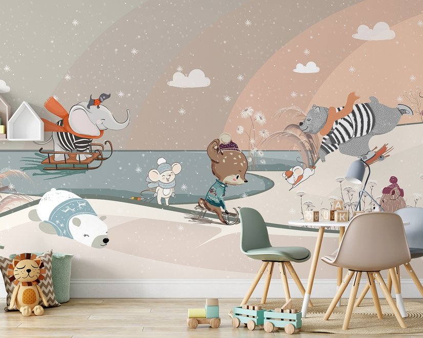 Nursery Snowy Landscape with Cute Cartoon Animals Wallpaper Mural