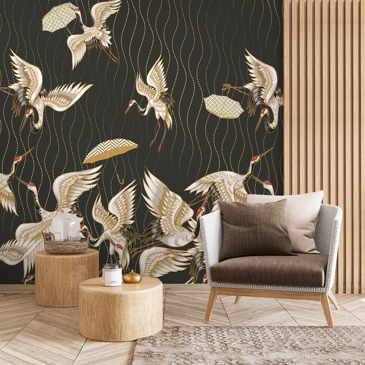 Gold Style Vintage Asian Crane Birds Wallpaper Mural - Peel and Stick