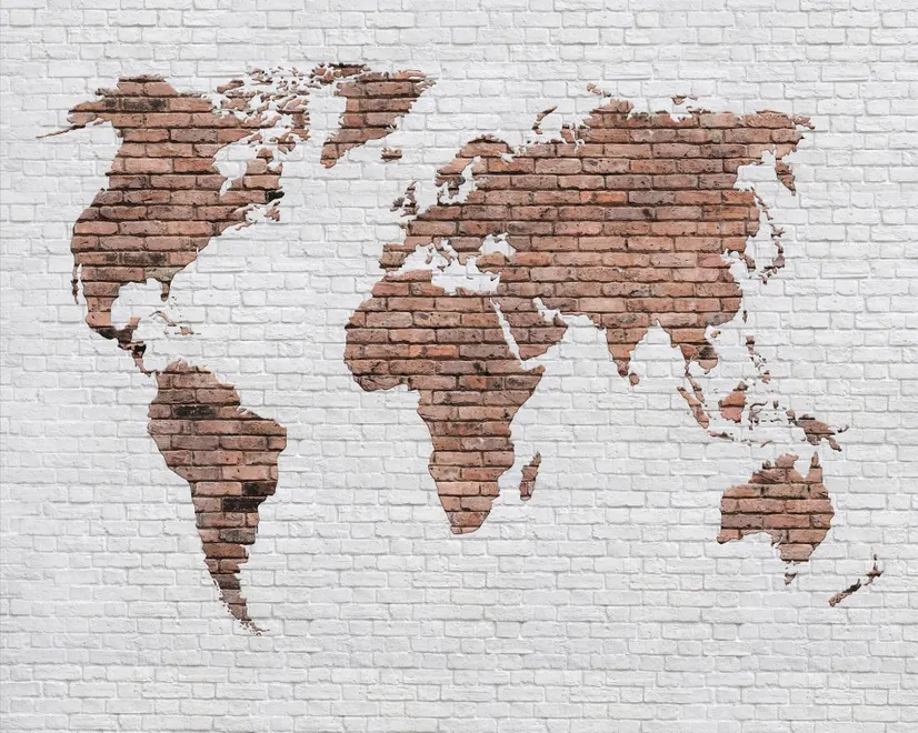 White Brown Brick World Maps Wallpaper Mural