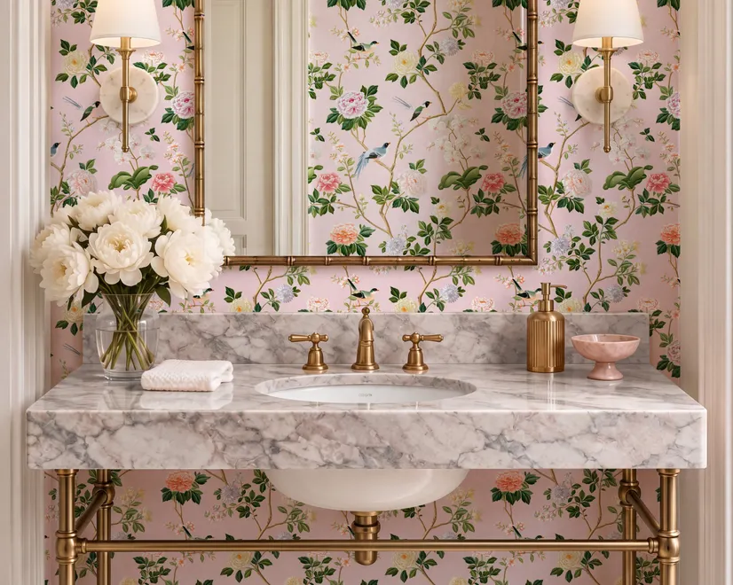 Cute pink wallpaper with birds, tan branches, green leaves and ivory, coral and lilac flowers.