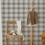Neutral beige and brown plaid wallpaper with cream squares, taupe woven blocks and fine dark brown lines